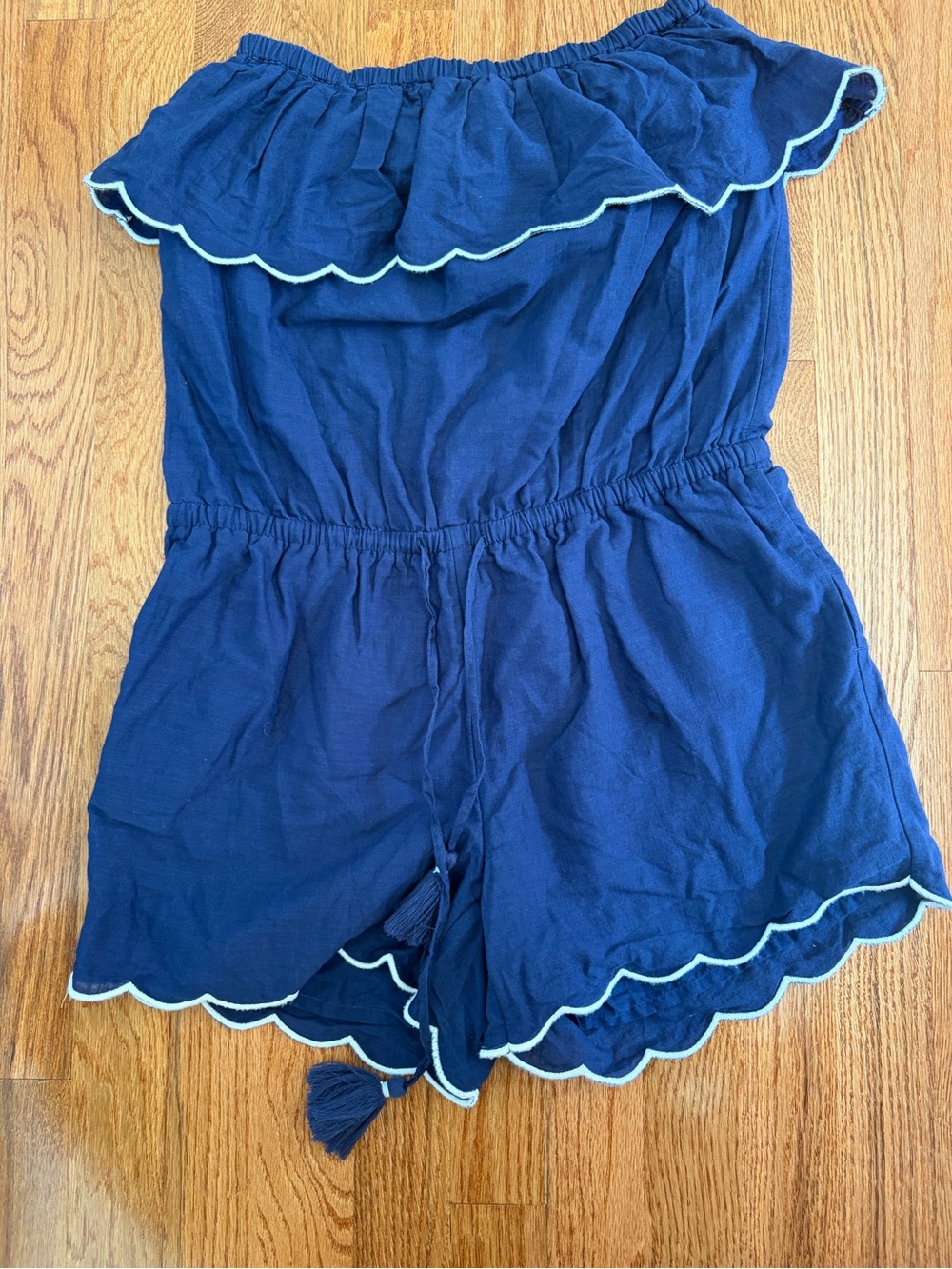 Vineyard Vines Navy Blue Off-Shoulder Scallop Romper